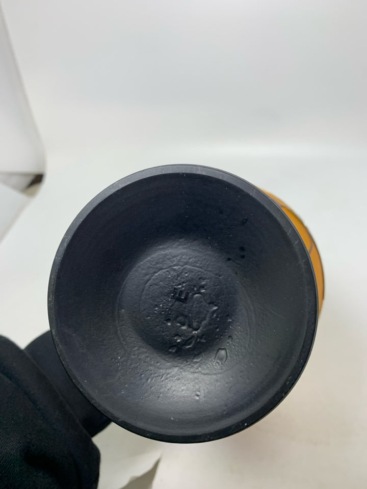 EMBOSSED ORANGE LEAVES/ACORN FOOTED VASE.