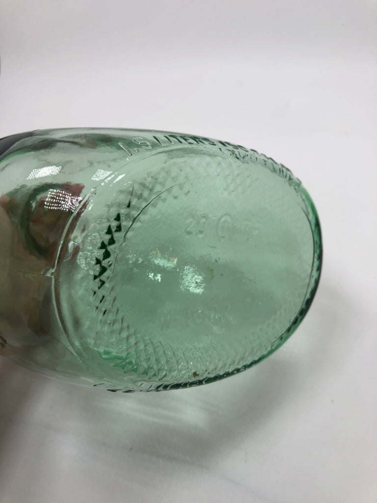 GREEN GLASS JUG W/ETCHED BIRD & FINGER LOOP HANDLE.