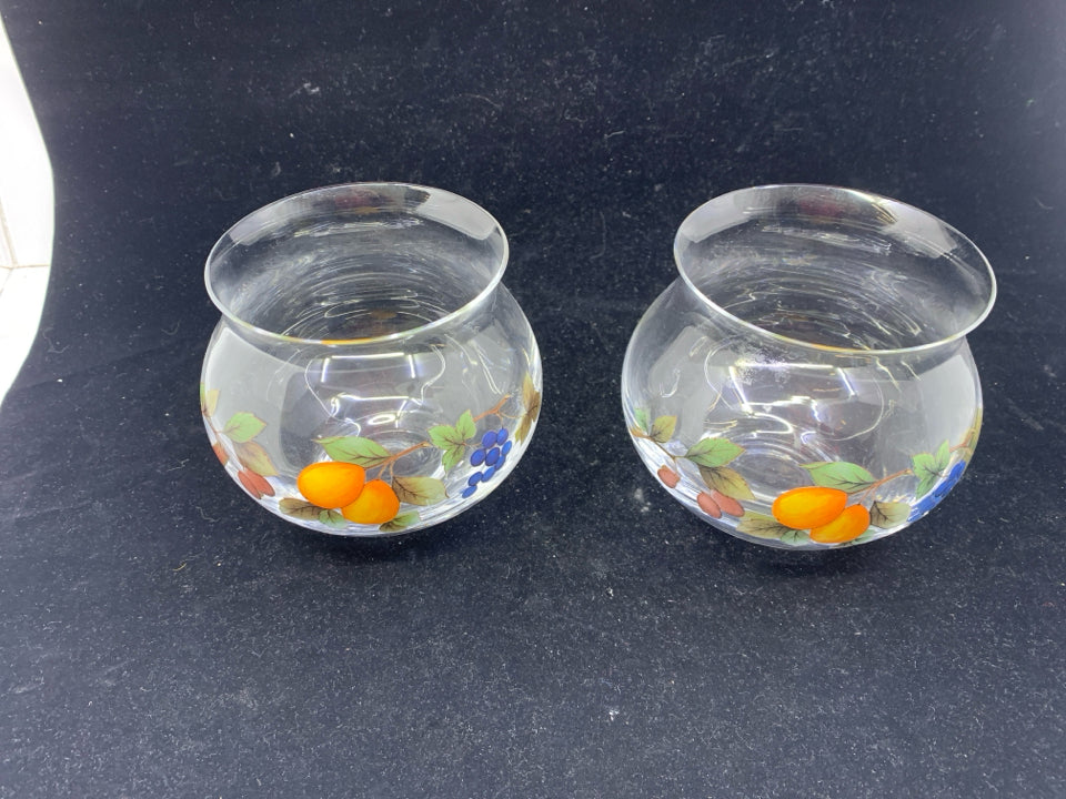 2 FRUIT GLASS CANDLE HOLDERS.