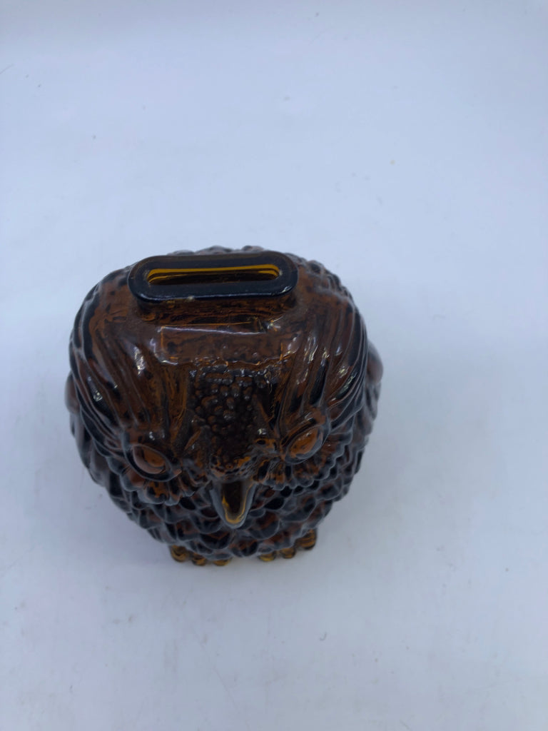 BROWN GLASS OWL PIGGY BANK.