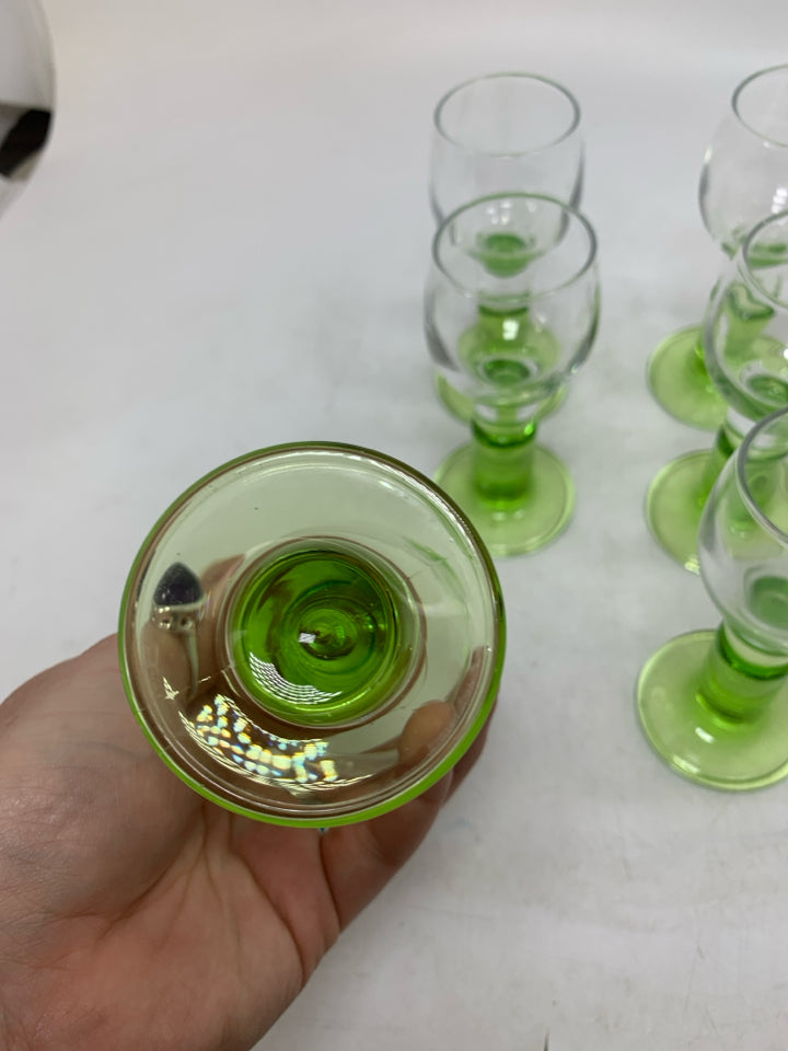 6 LIME GREEN STEM CORDIAL GLASSES.