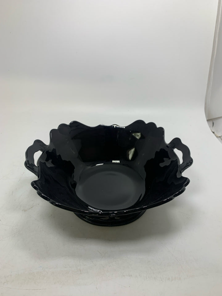 VTG FOOTED BLACK GLASS BOWL W/ HANDLES.