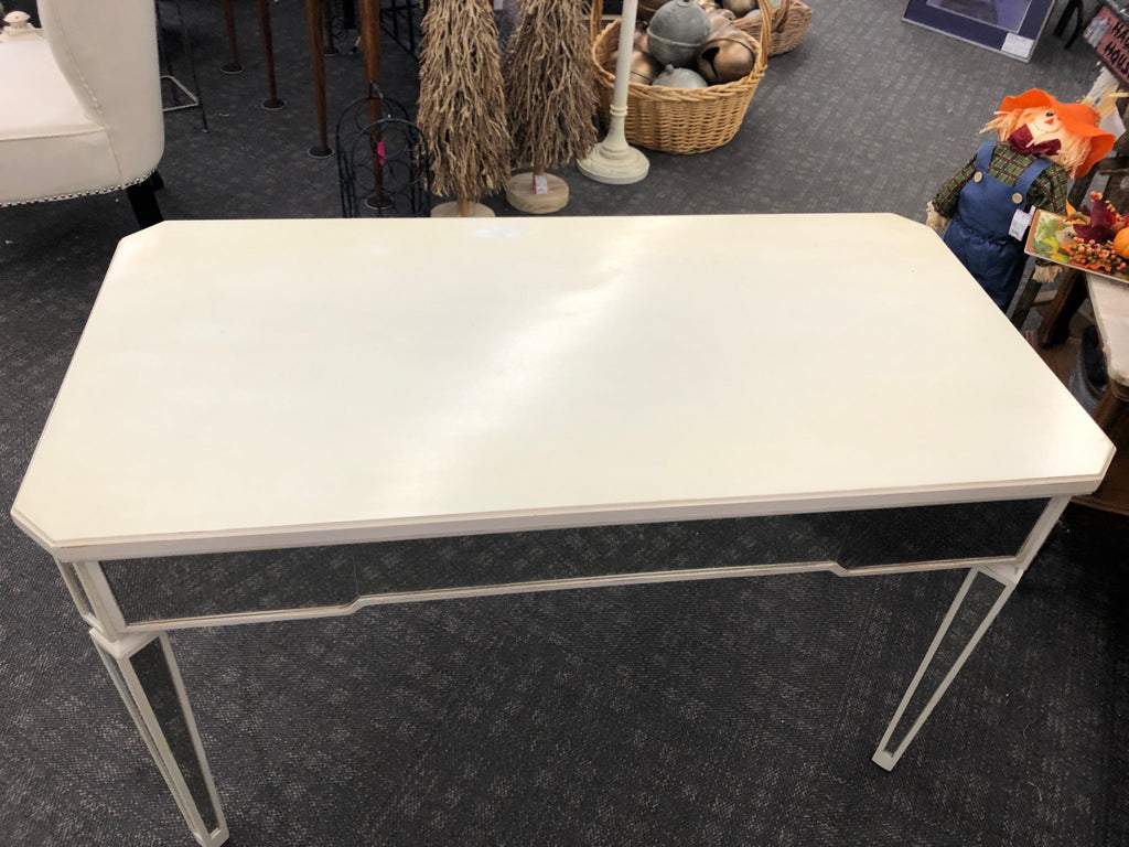 CREAM DISTRESSED PIER 1 DESK W/MIRRORED LEGS & DRAWER.