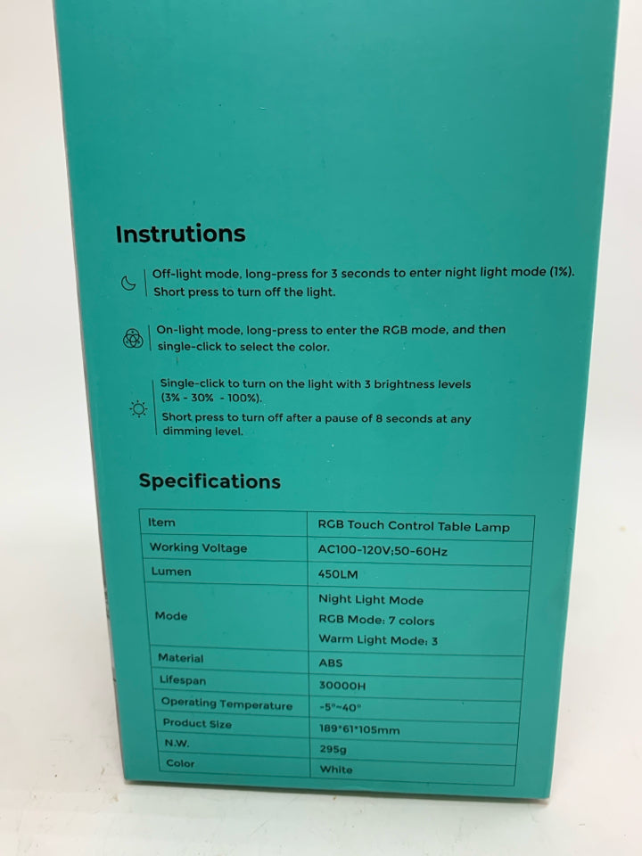 NIB RGB TOUCH CONTROL TABLE LAMP.