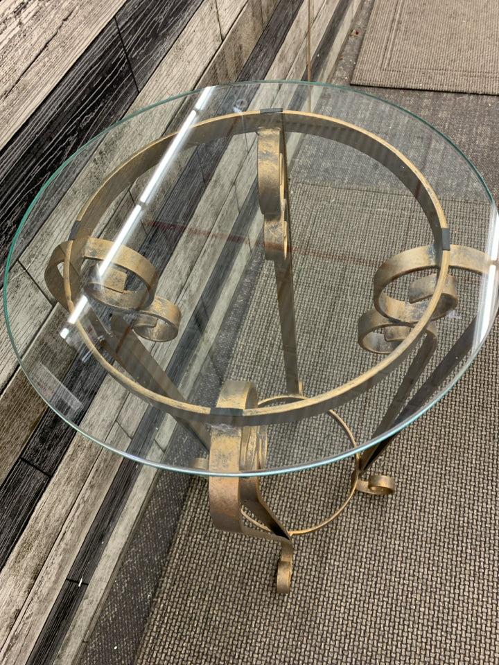 GOLD METAL GLASS TOP PLANT STAND.