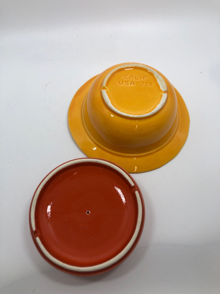 VTG YELLOW/ORANGE LID CERAMIC EMBOSSED BOWL.