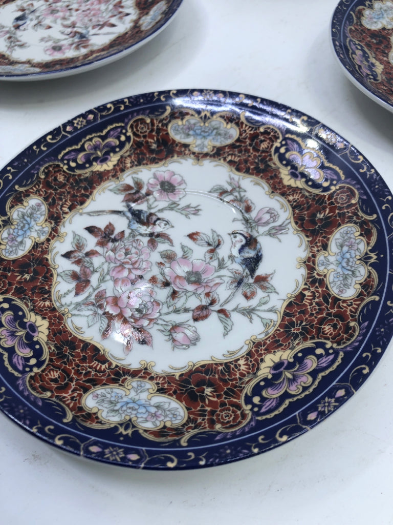4 BLUE AND RED BIRD AND FLORAL APP PLATES.