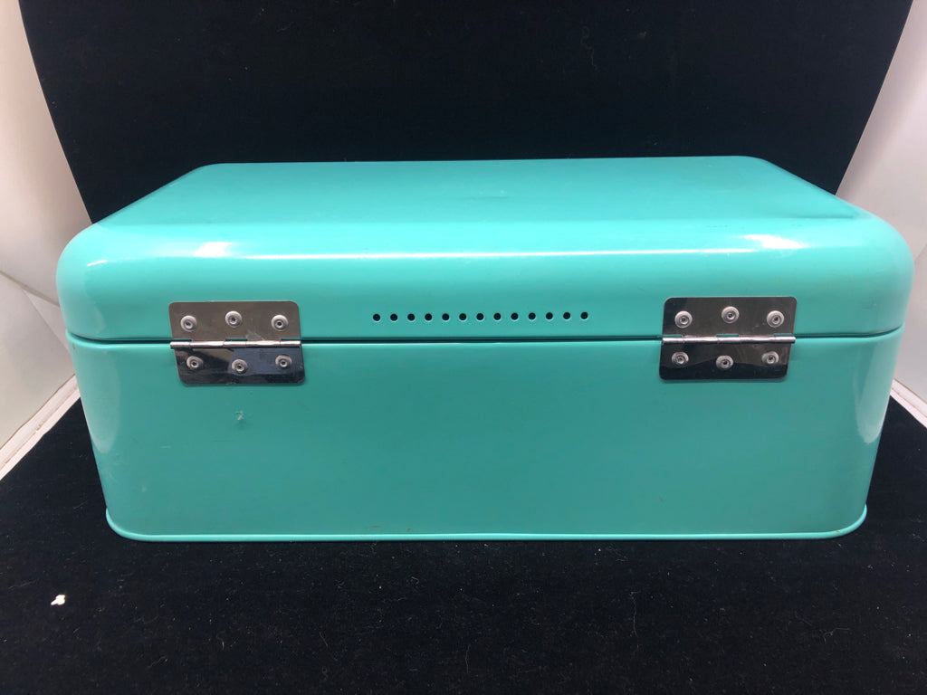 TEAL METAL ENAMEL BREAD BOX.