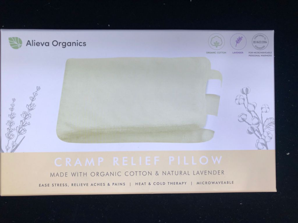 NIB ALIEVA ORGANICS CRAMP RELIEF PILLOW.