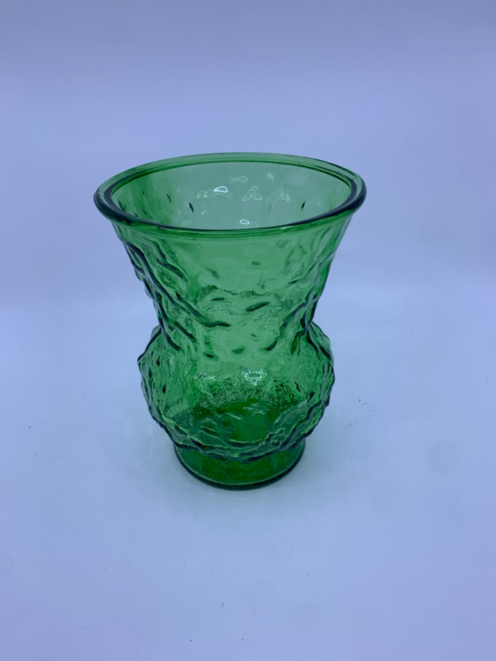 VTG FLORAL LARGE VASE FLARED TEXTURE GREEN GLASS.