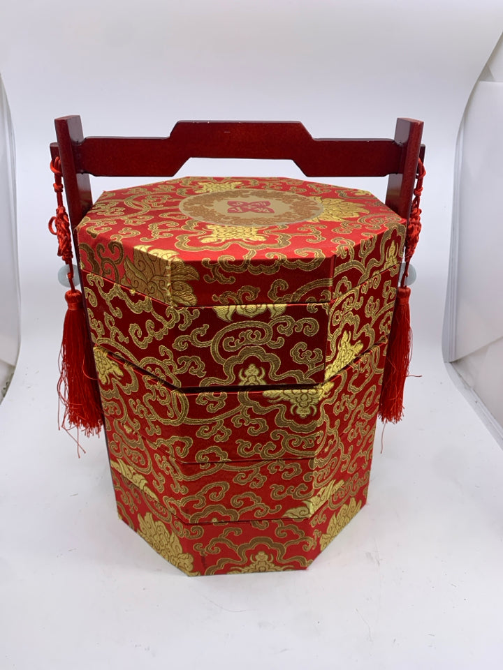 HEXAGON SHAPED RED/GOLD ASIAN STYLE FABRIC STORAGE.