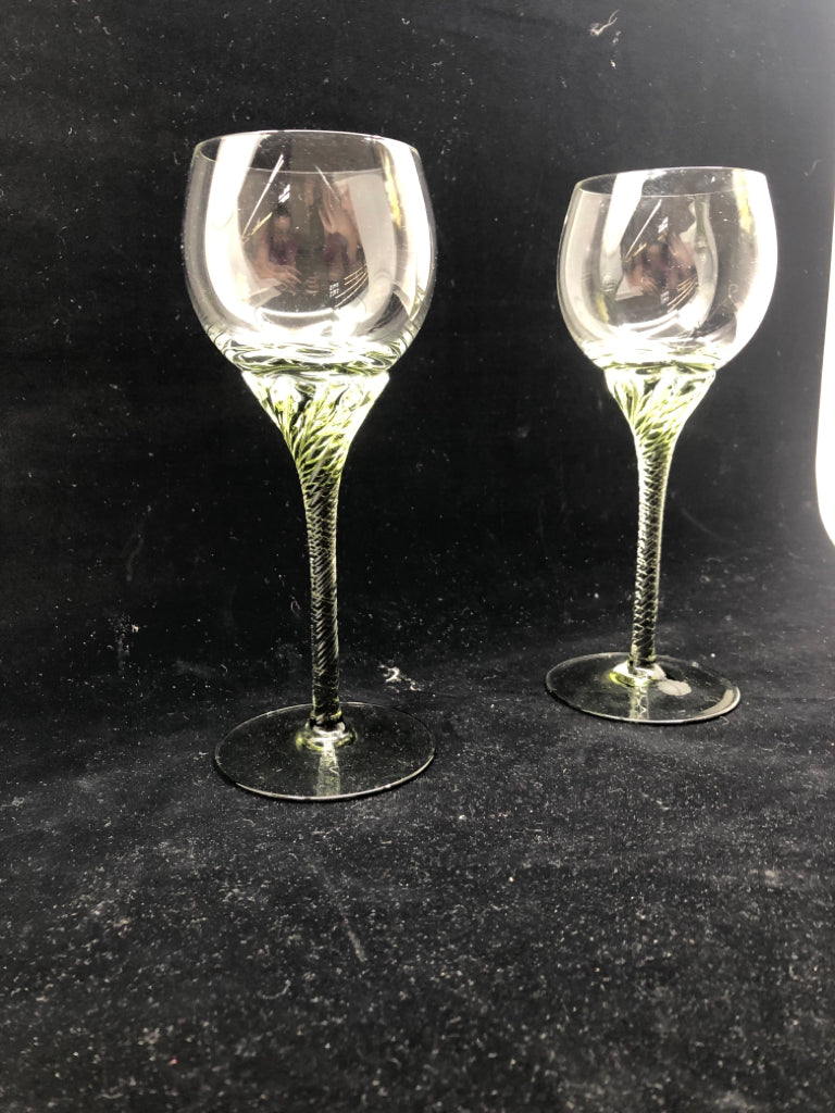 2 SWIRLED GREEN STEM WINE GLASSES.