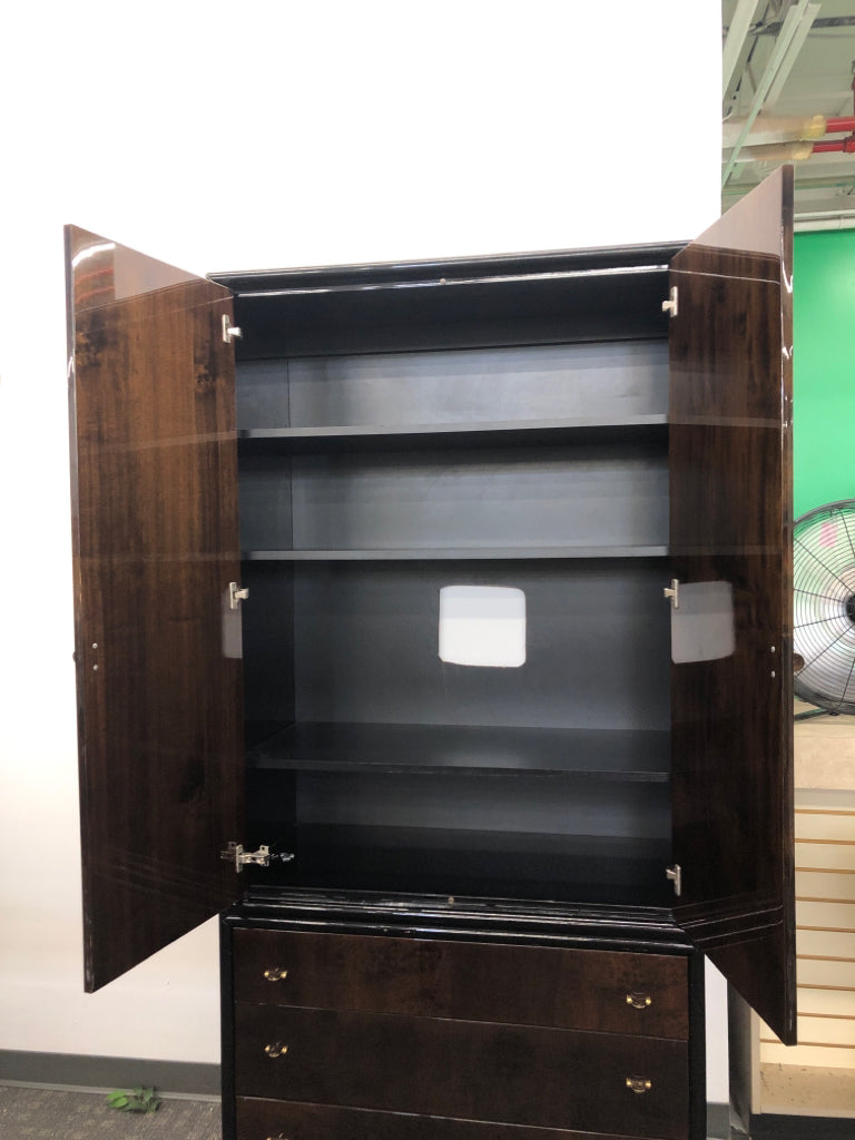 VTG BLACK W/BROWN BURLWOOD ARMOIRE W/ 4 SHELVES AND 3 DRAWERS.