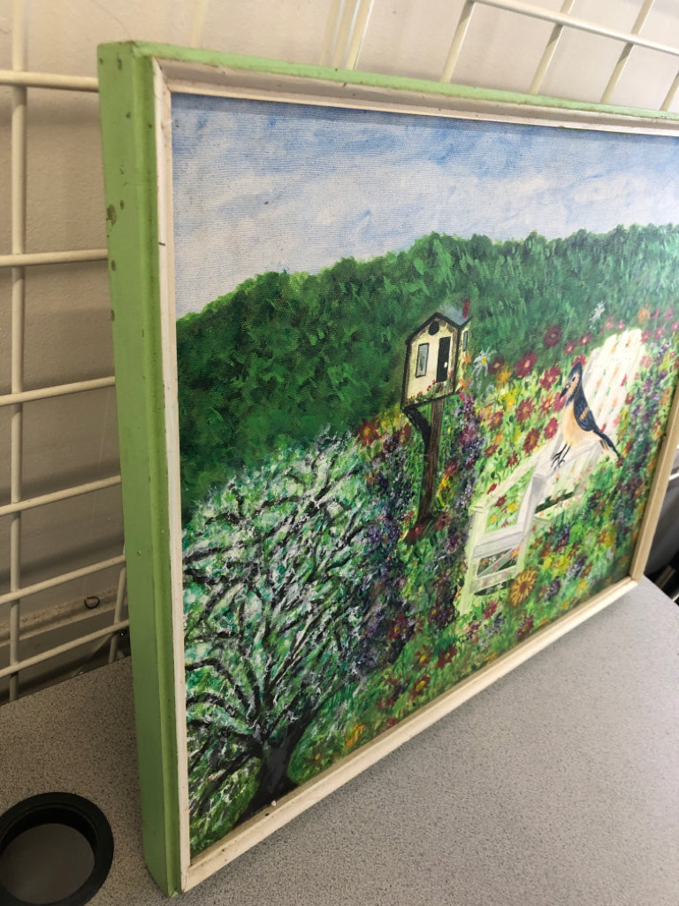 COLORFUL FLORAL W CHAIR IN GREEN FRAME WALL ART.
