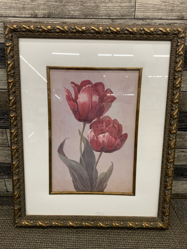 PINK TULIPS FLORAL IN ORNATE DARK FRAME.