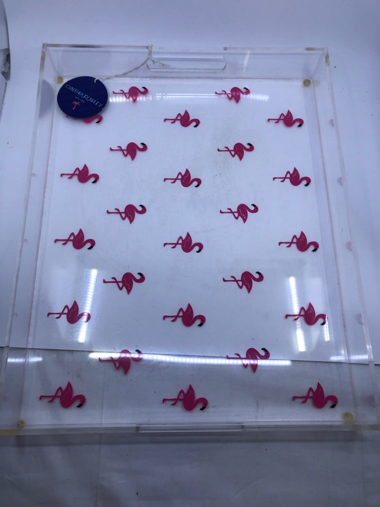 CLEAR LARGE PLASTIC TRAY W/ PRINTED FLAMINGOS CYNTHIA ROWLEY.