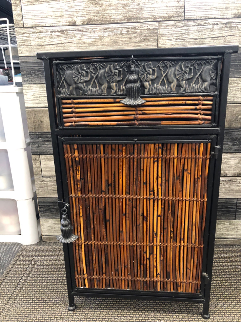 LIGHT WEIGHT BLACK METAL CABINET W/ BAMBOO DETAIL + DRAWER.