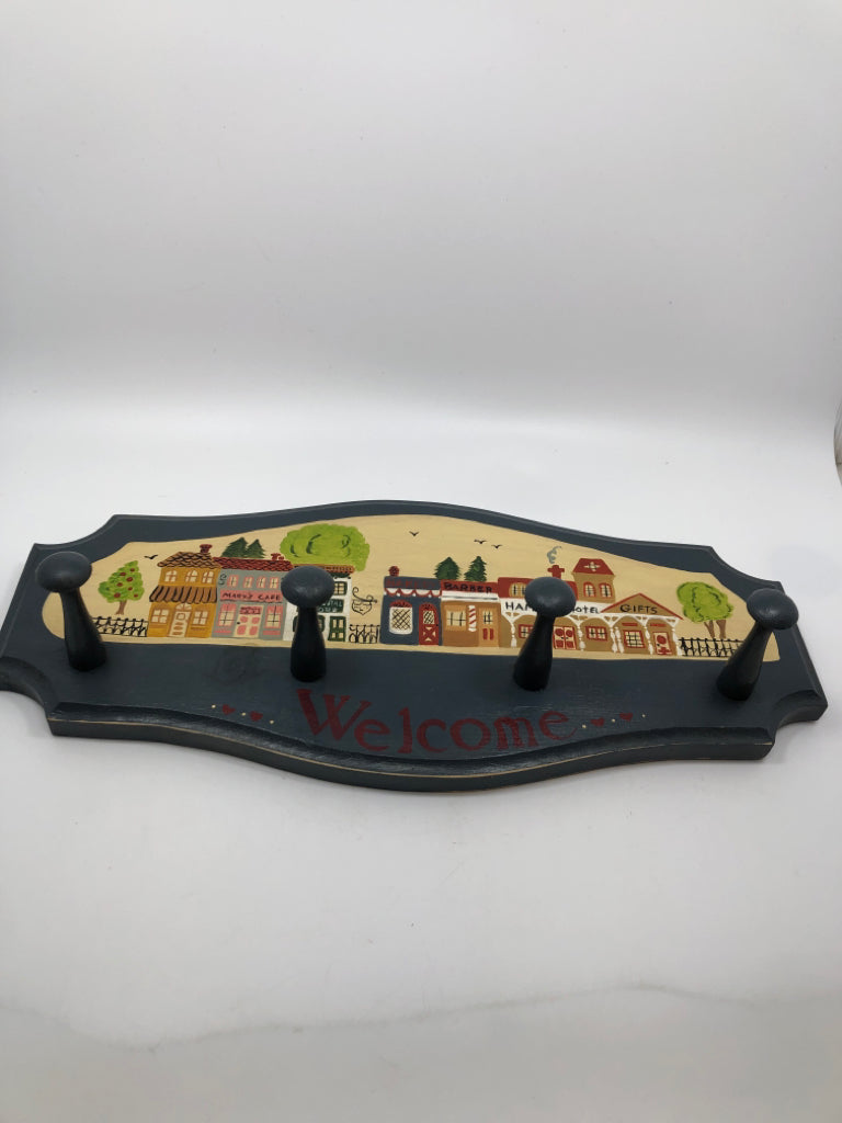 PRIMITIVE PAINTED WALL HANGER "WELCOME" W/4 HOOKS.