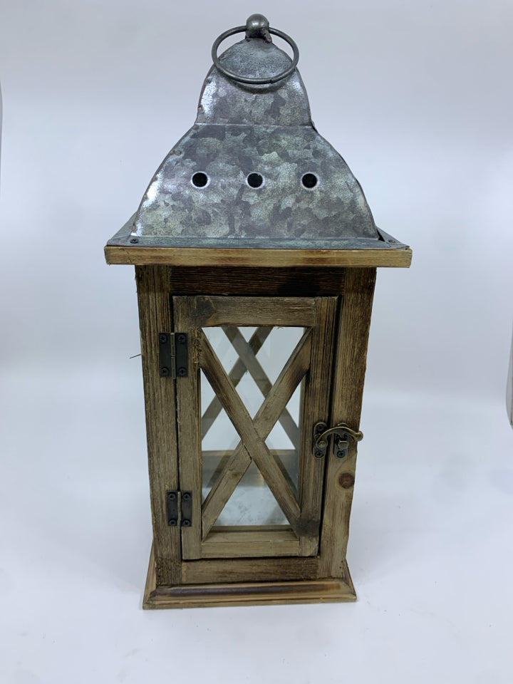 WOOD LANTERN W/GALVANIZED METAL TOP.