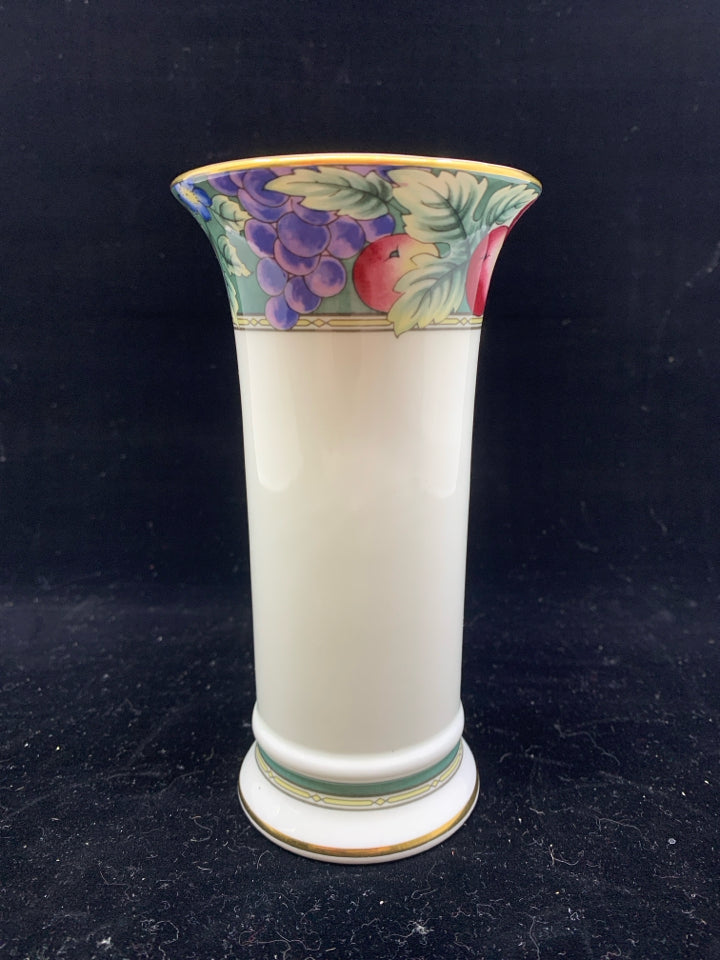 WHITE SKINNY VASE W FLARED TOP W FRUIT AND FLORAL.