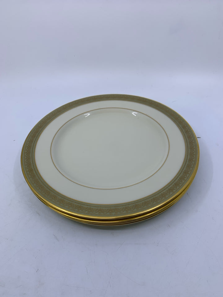 4 GREENFIELD PATTERN DINNER PLATES W/ GREEN EDGE.
