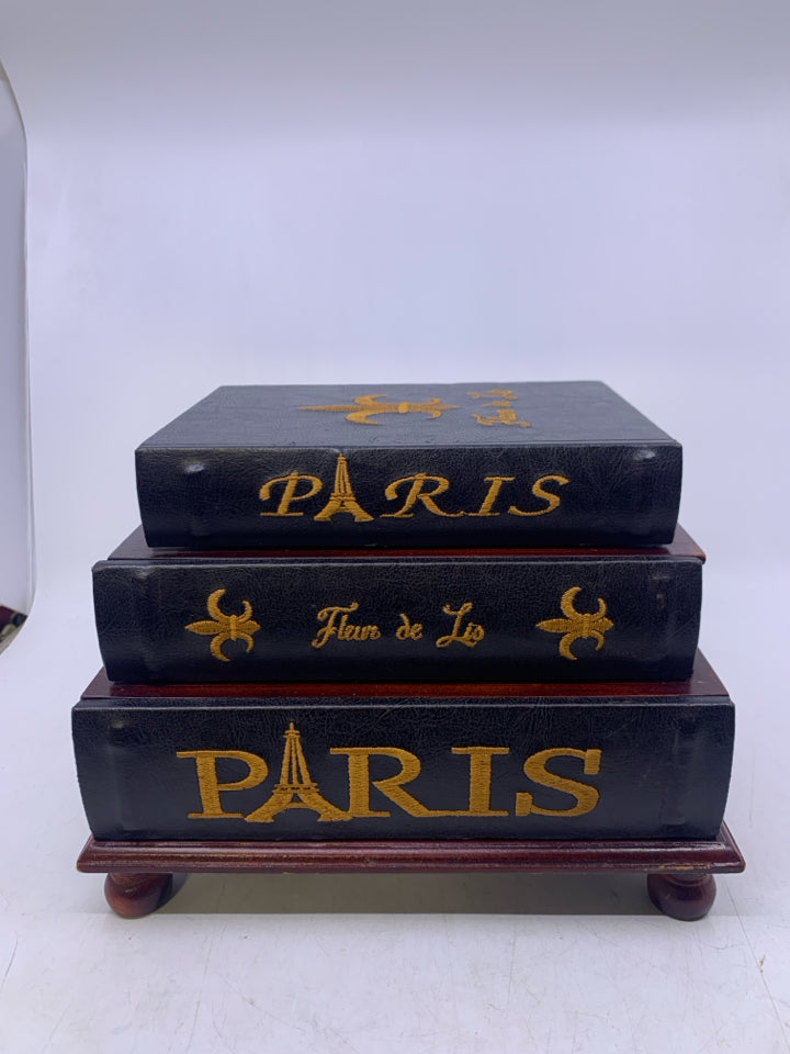FOOTED 3 STACKED BOOKS W/ DRAWERS EMBROIDERED WORDS PARIS.