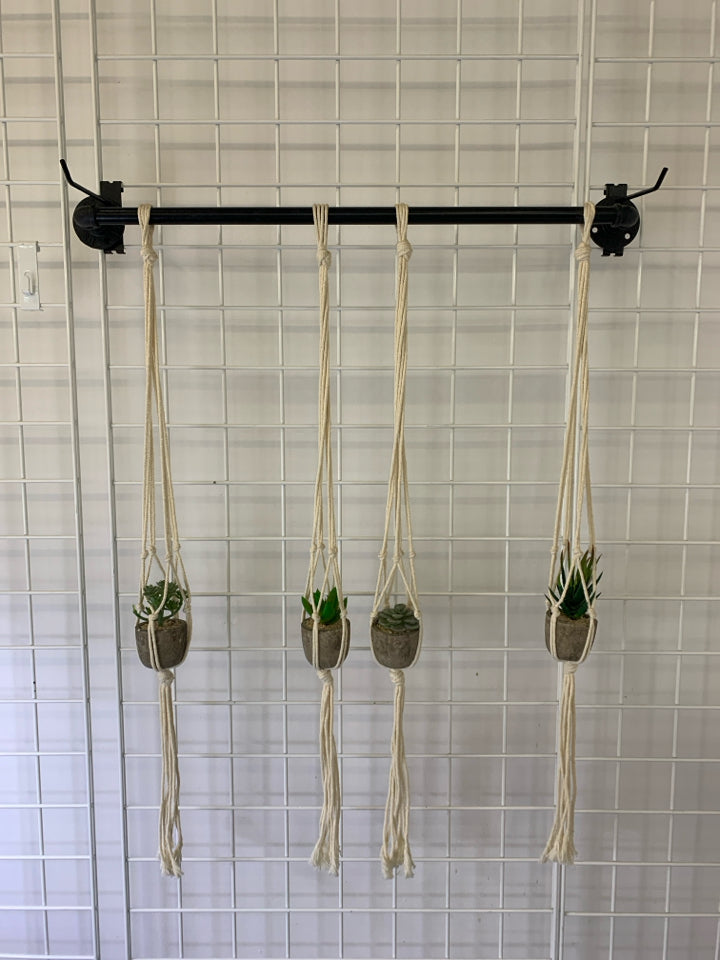 BLACK METAL HANGING MACRAME W 4 FAUX SUCCULENTS.