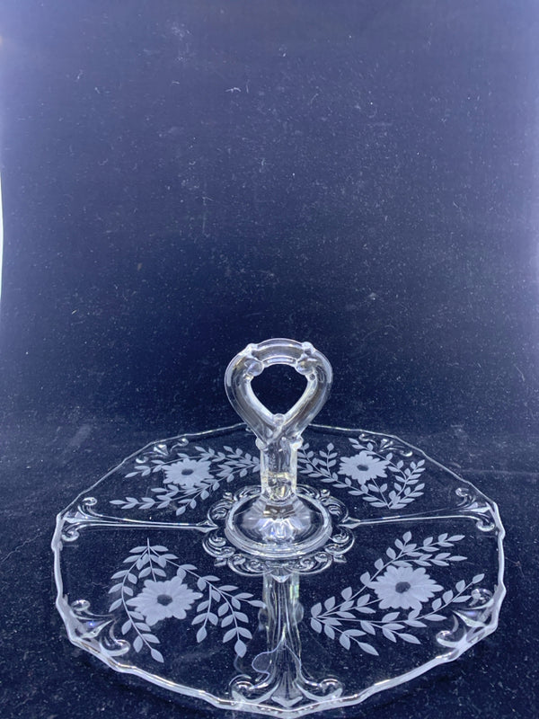 VTG FROSTED FLOWERS W/ HANDLE GLASS SERVER.