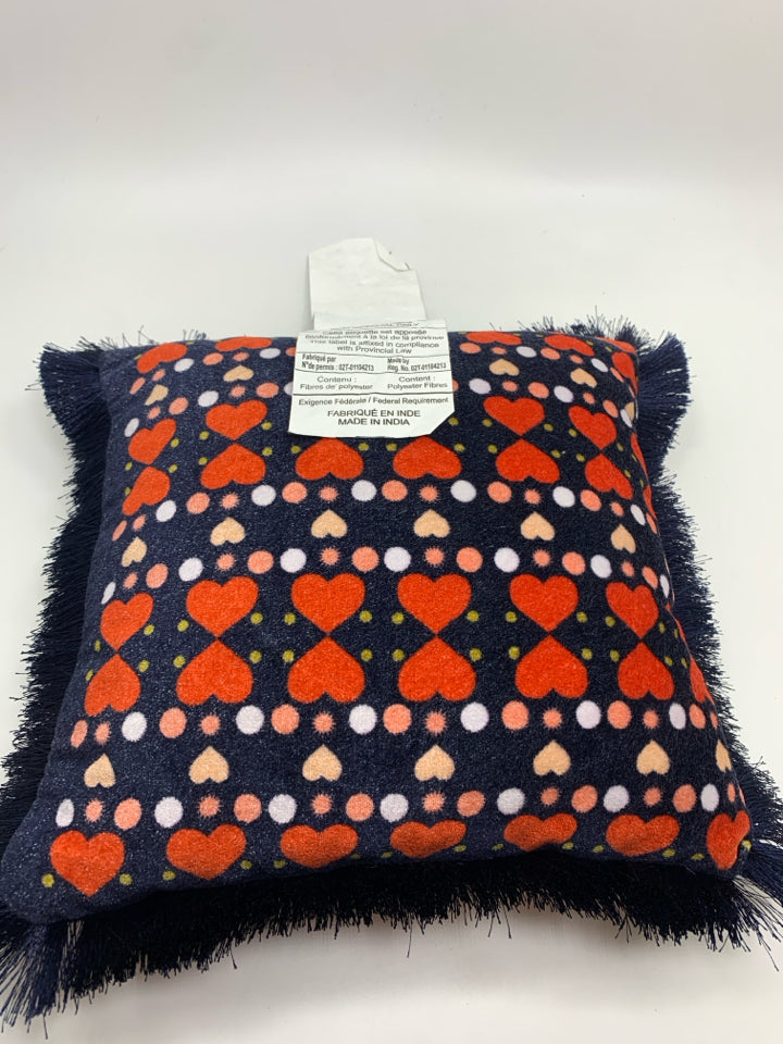 BLUE DECORATIVE PILLOW W/HEART DESIGN&TASSELS.