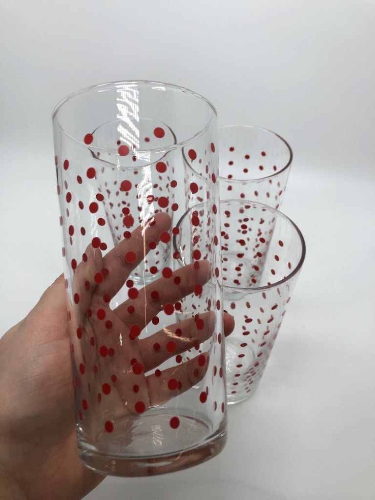 4 TALL DRINKING GLASSES RED POLKA DOTS.