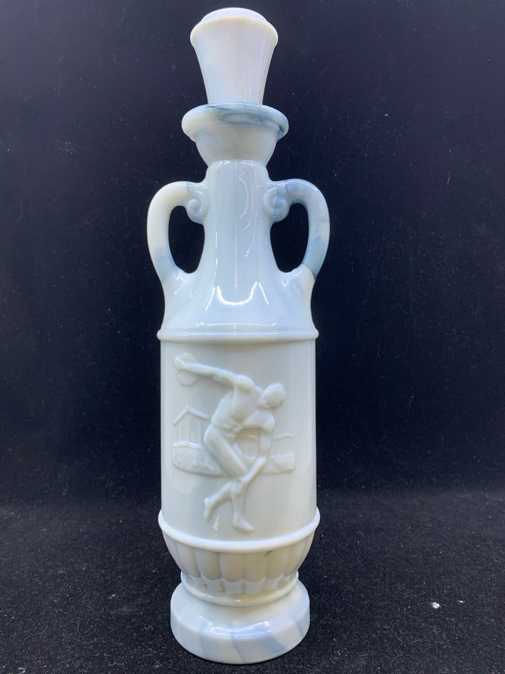 VTG MARBLE GLASS DECANTER W/ EMBOSSED MAN THROWING DISC.