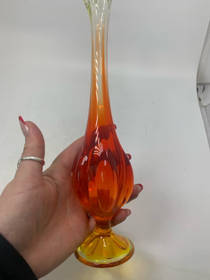 VTG VIKING ART GLASS AMBERINA FOOTED VASE.