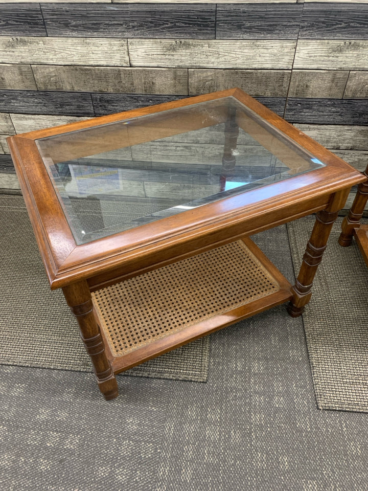 DARK WOOD GLASS TOP SIDE TABLE W BOTTOM SHELF.