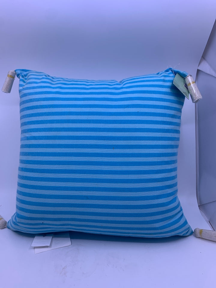 NEW "OUT OF THE OFFICE" BLUE STRIPED PILLOW W/ TASSELS.