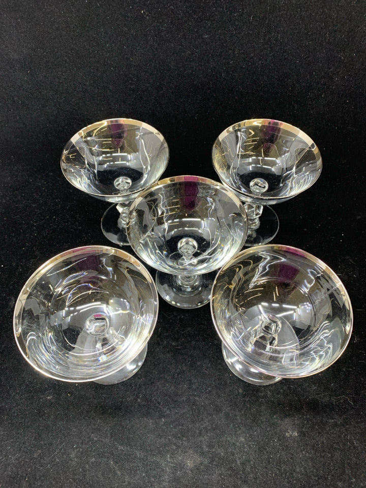 5 SILVER RIM FOOTED GLASS DESSERT CUPS.