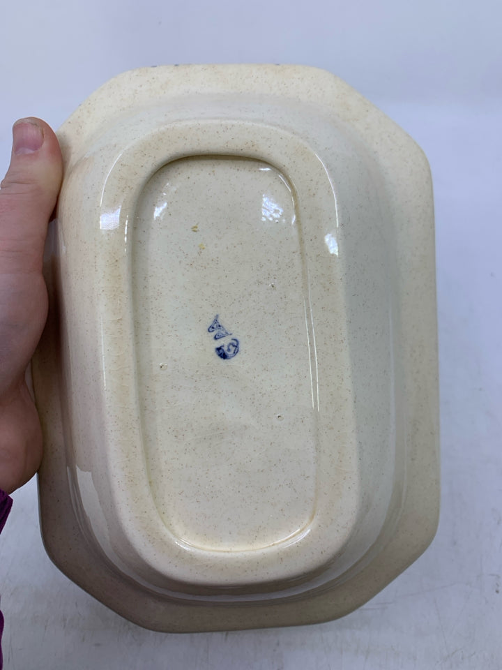 BEIGE W/ PAINTED BLUEBERRIES BLUE SPONGE RIM.