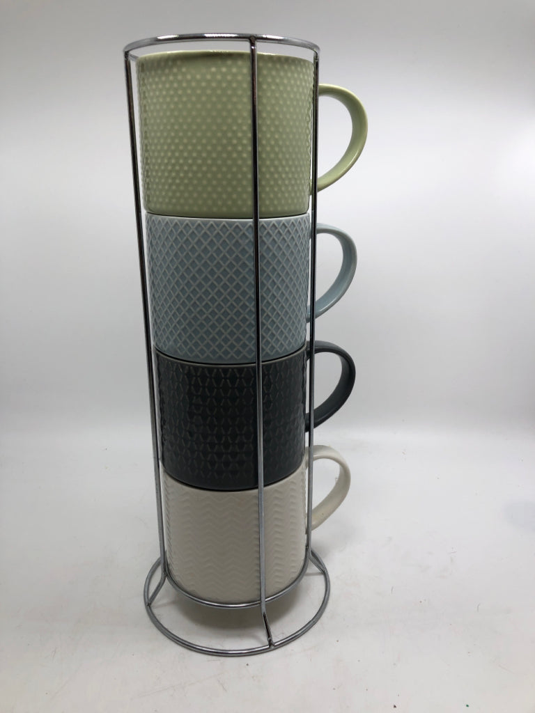4 COOL-TONED MUGS IN STAND.