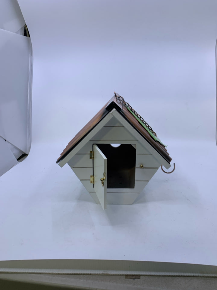 NEW WHITE BIRD HOUSE W/ COPPER METAL ROOF.