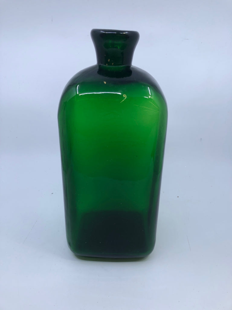 HEAVY GREEN GLASS DECORATIVE BOTTLE.