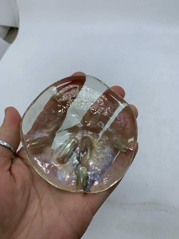 IRIDESCENT GLASS SAND DOLLAR PAPER WEIGHT.
