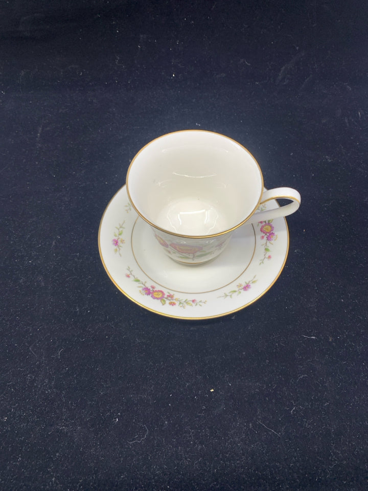 CREAM PINK AND PURPLE CUP AND SAUCER.