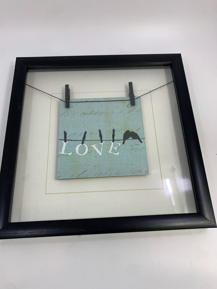 FRAMED BIRD ON CLOTHESLINE LOVE IN SHADOW BOX.