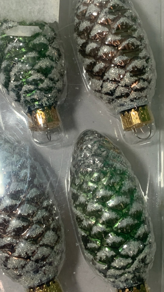 NP 4 GLASS PINECONE ORNAMENTS.