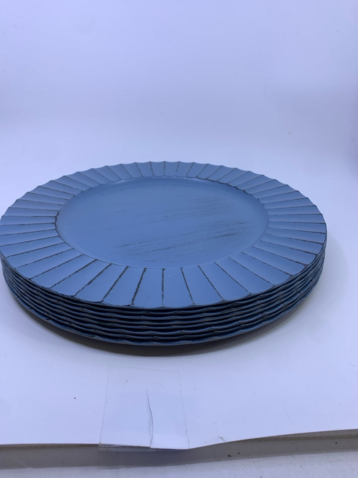 8 LIGHT BLUE DISTRESSED PLASTIC CHARGER PLATES.
