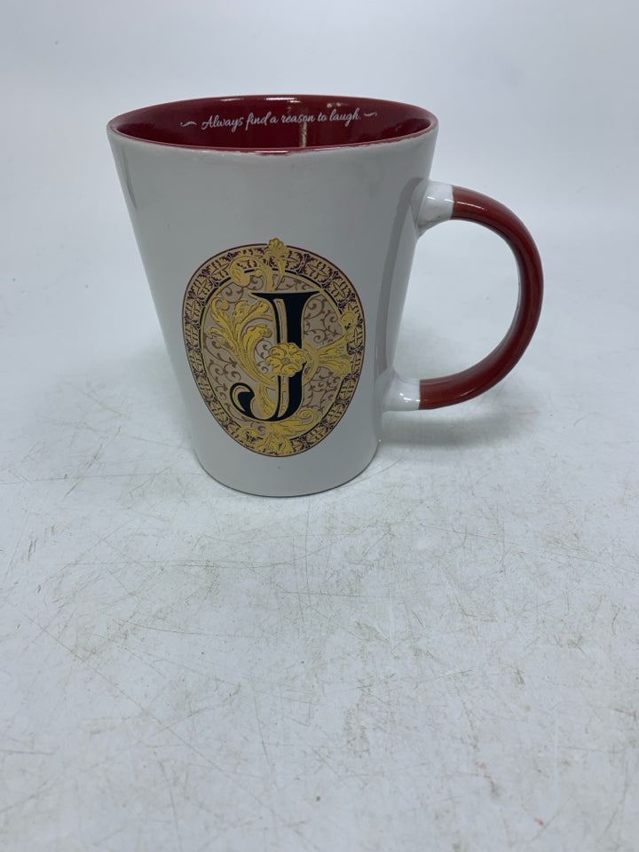 WHITE MUG W/ MONOGRAM J MAROON INSIDE.