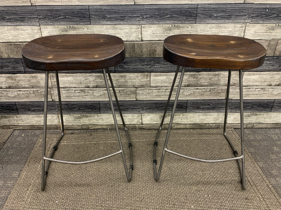 2 RUSTIC WOODEN-SEAT BAR STOOLS.