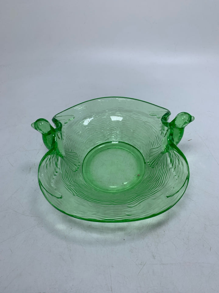 VTG DEPRESSION GLASS BIRD HANDLES BOWL.