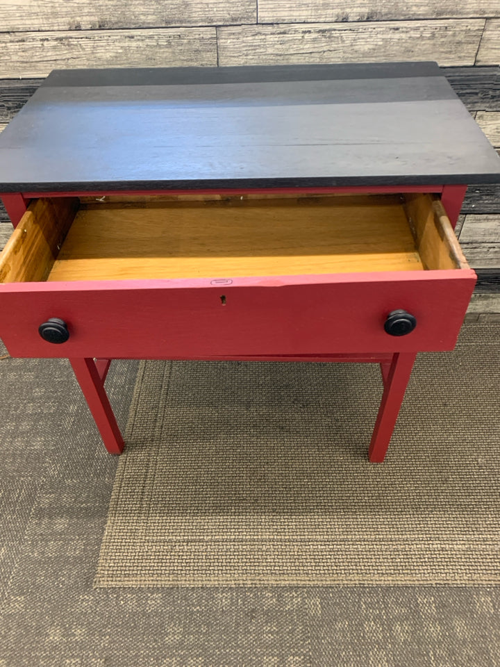 VTG WRITING DESK DRAWER & SHELF W/RED FINISH/BLACK TOP.