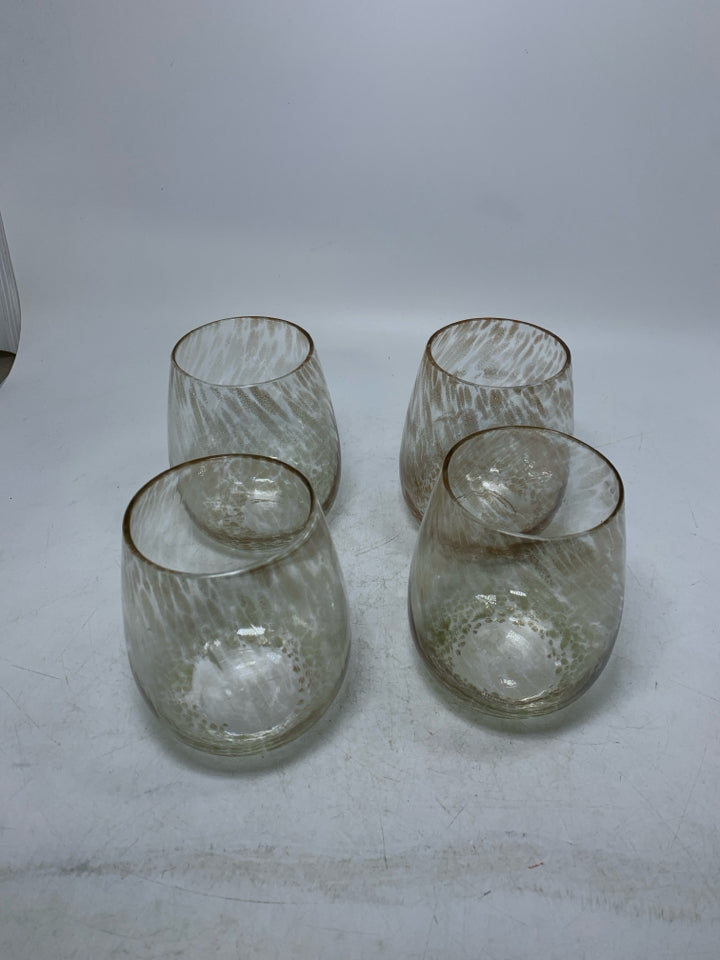 4 LIGHTWEIGHT ROSE GOLD SPARKLE SPECKLED STEMLESS GLASSES.
