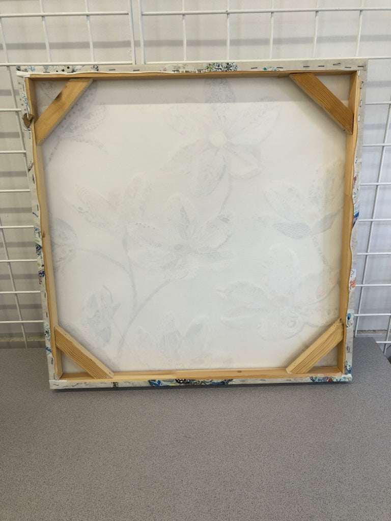 WHITE TEXTURE PAINTED FLOWERS W/BLUE STEMS CANVAS.